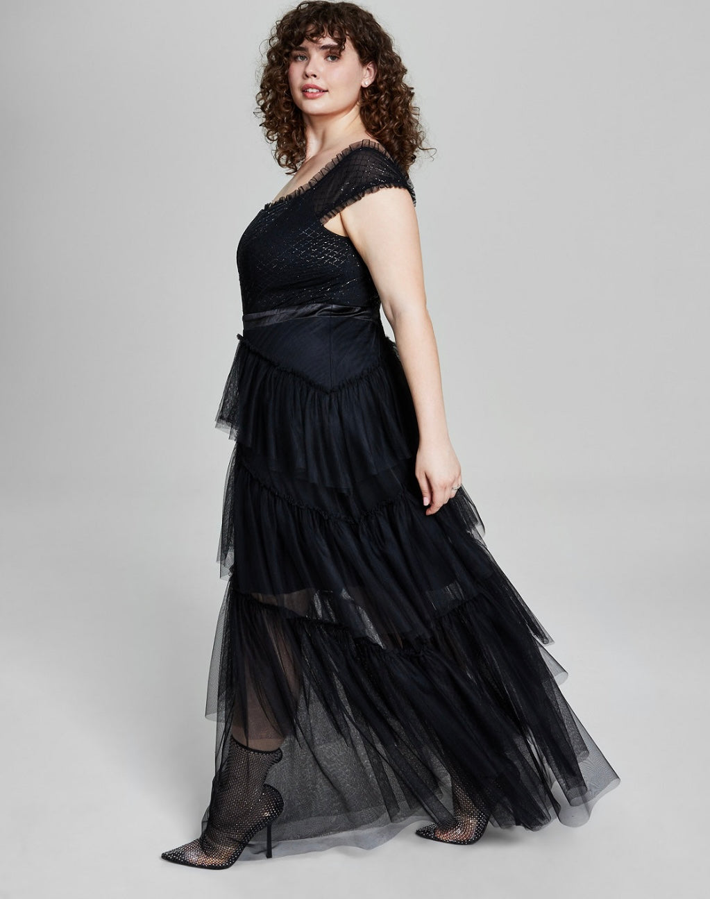 City Studio Women's Trendy Tiered-Tulle Glitter-Knit Gown Dress Plus Size 16W