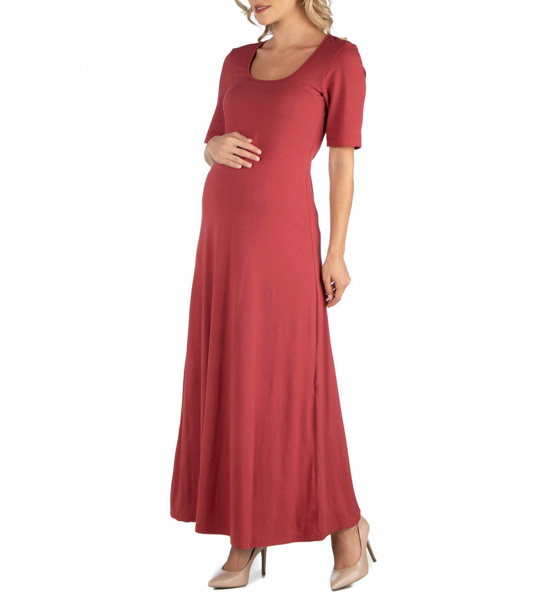 24Seven Comfort Apparel Women's 3/4 Sleeves Casual Maxi Dress Brick Size L
