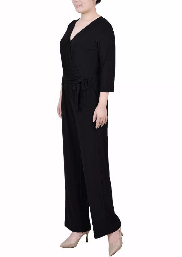 NY Collection Women's Petite Short 3/4 Sleeve Belted Wide Leg Jumpsuit Black