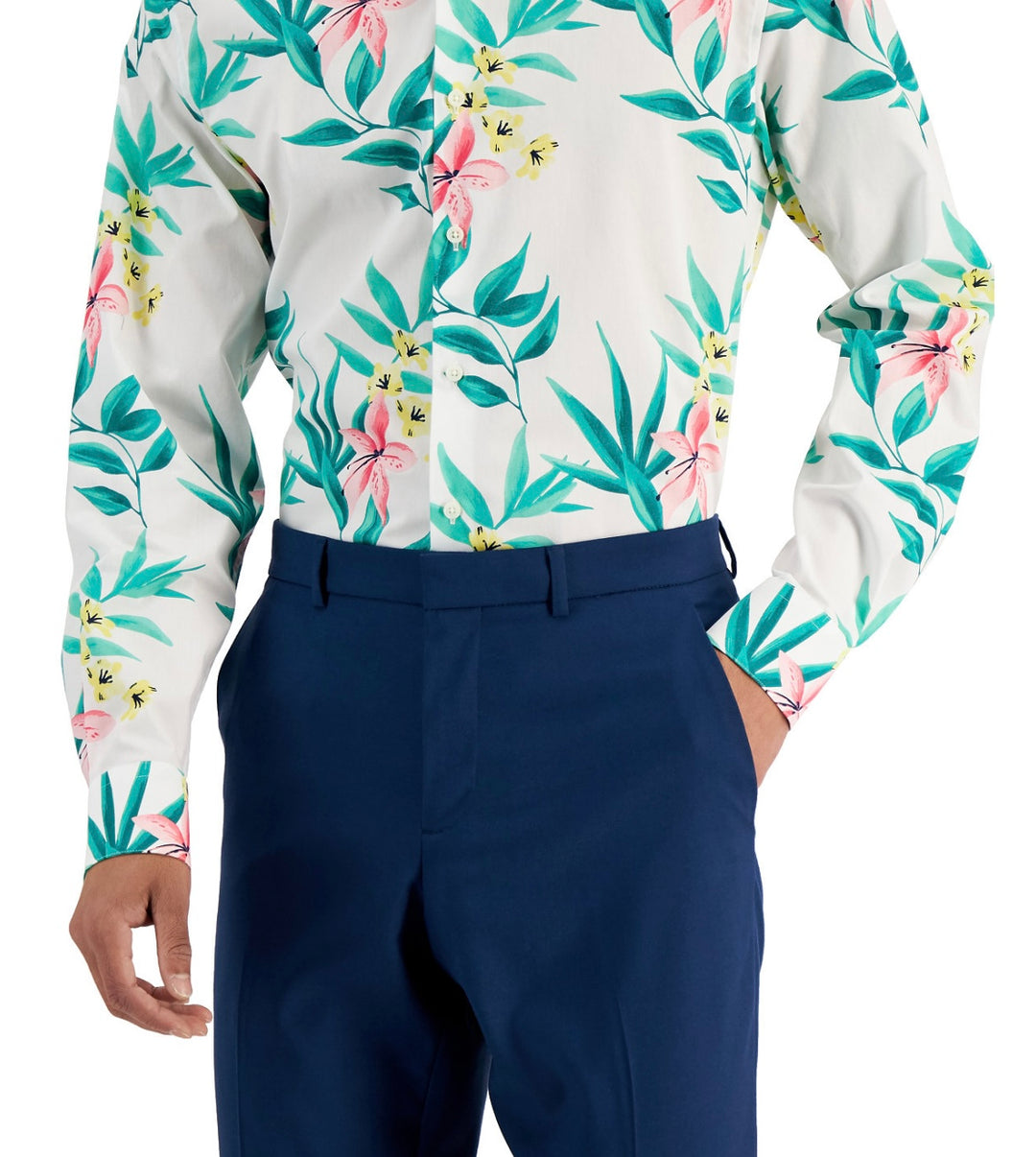 Bar III Men's Slim Fit Tropical-Print Dress Shirt White Green Size L 16-16 1/2