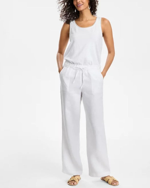 Charter Club Women's 100% Linen Drawstring Pants Bright White Petite Size PL