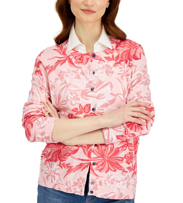 Karen Scott Women's Malibu Escape Floral Button Cardigan Boca Blush Combo
