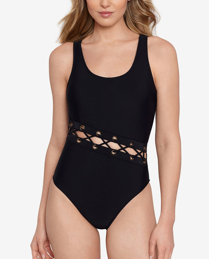 Salt + Cove Women's Laced Grommet One-Piece Swimsuit Black Size XS