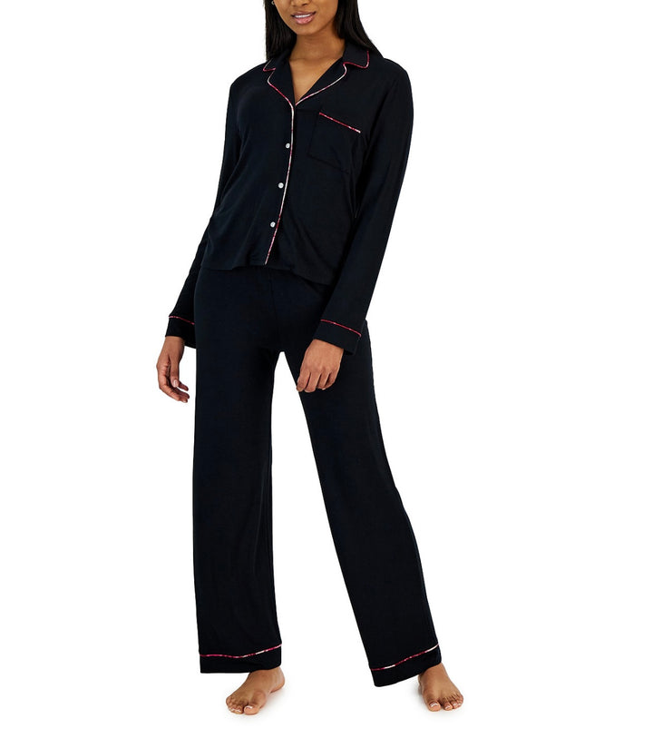 Jenni Women's Notch-Collar Pajama Set Deep Black Size XS