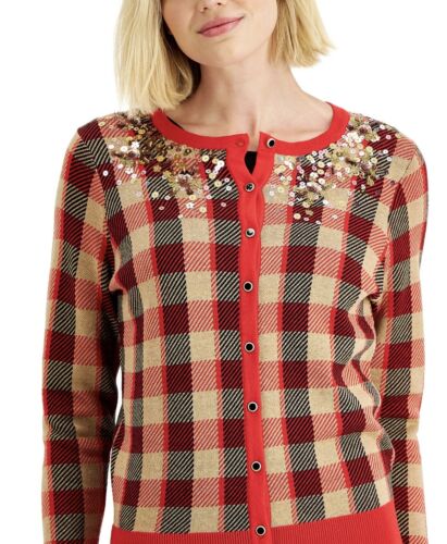 Charter Club Women's Plaid Sequined Cardigan Long Sleeve Buttons Red Size S