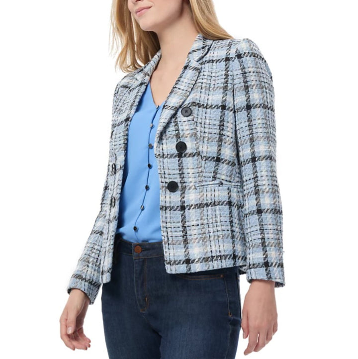 Jones New York Women's Plaid Open-Front Blazer Med Blue Petite Size PM