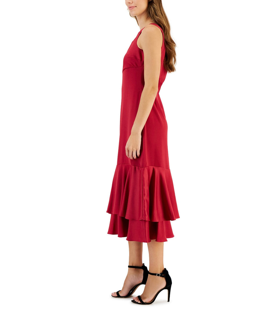 Taylor Women's Ruffled One-Shoulder Midi Dress Vivid Burgundy Size 8