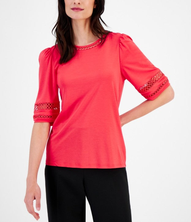 Anne Klein Women's Harmony Open-Trim Elbow-Sleeve Top Red Pear Petite Size PM