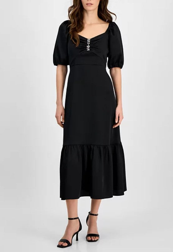 Anne Klein Women's Rhinestone Puff-Sleeve Midi Dress Black Size 12