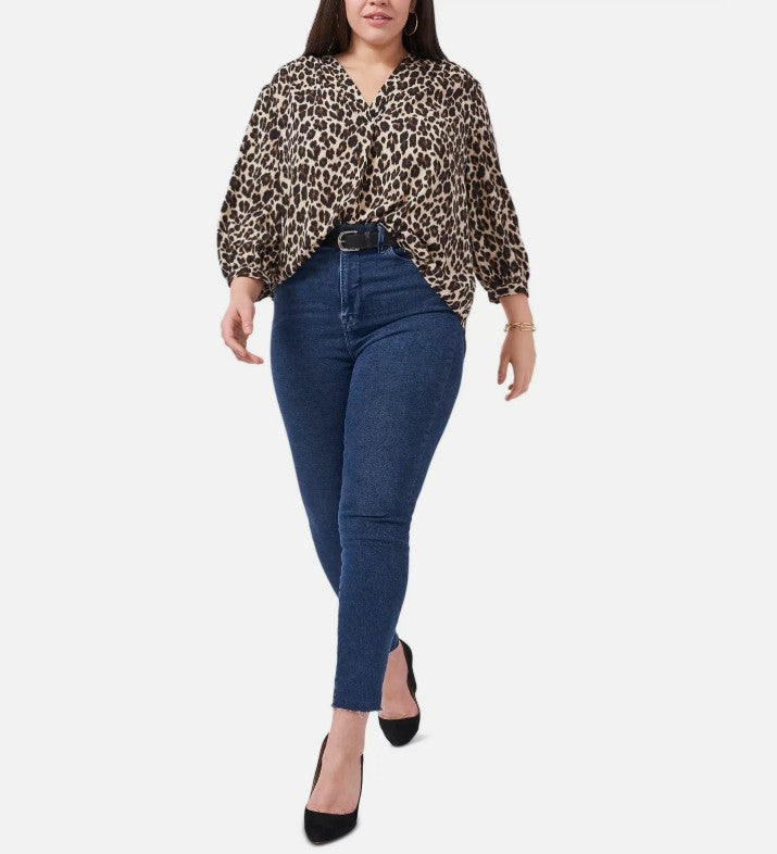 Vince Camuto Women's Elegant V-Neck Leopard Print Blouse Rich Black Plus Size 1X