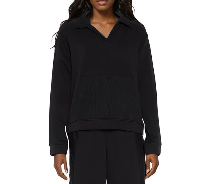 Three Dots Women's Kendra Collared V-Neck Long-Sleeve Top Black Size L