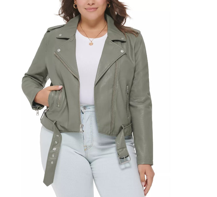 Levi's Women's Faux Leather Belted Motorcycle Jacket Sage Plus Size 1X