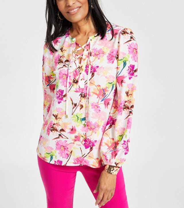 INC International Concepts Women's Printed Lace-Up Blouse Tori Garden Size XL
