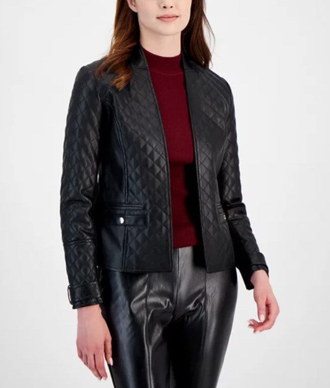 T Tahari Women’s Quilted Faux-Leather Long-Sleeve Jacket Black Size L