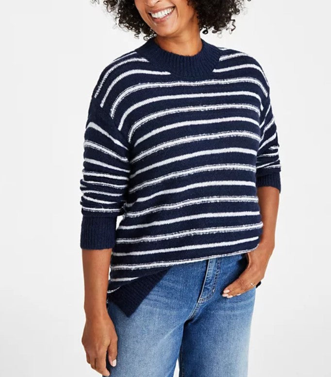 Style & Co. Women's Long Sleeve Textured Crewneck Tunic Sweater Industrial Blue