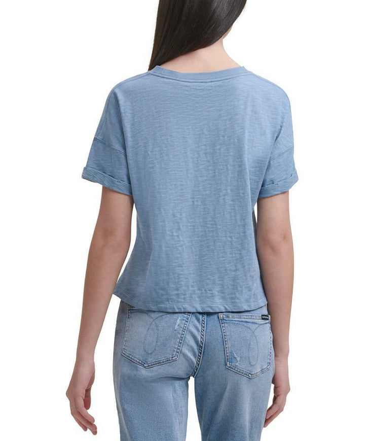 Calvin Klein Jeans Women's Cropped Boxy-Fit Cotton T-Shirt Blue Nile Top Size S