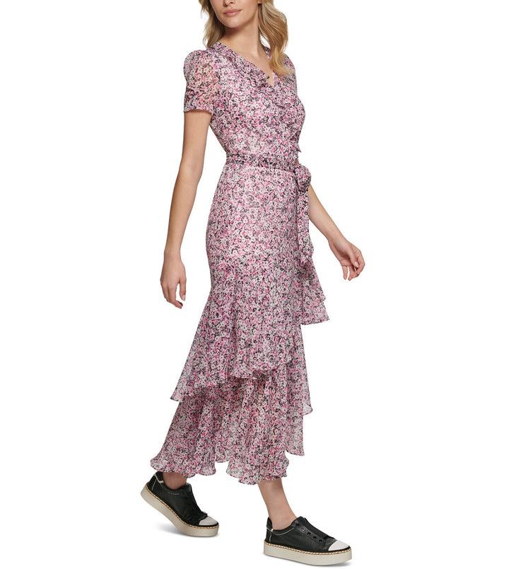 Karl Lagerfeld Paris Women's Printed Ruffled Maxi Dress Fuschia Purple