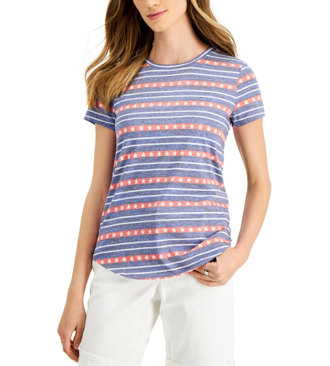 Style & Co. Petite Stars Stripes Burnout T-Shirt Starry Blue Size PS