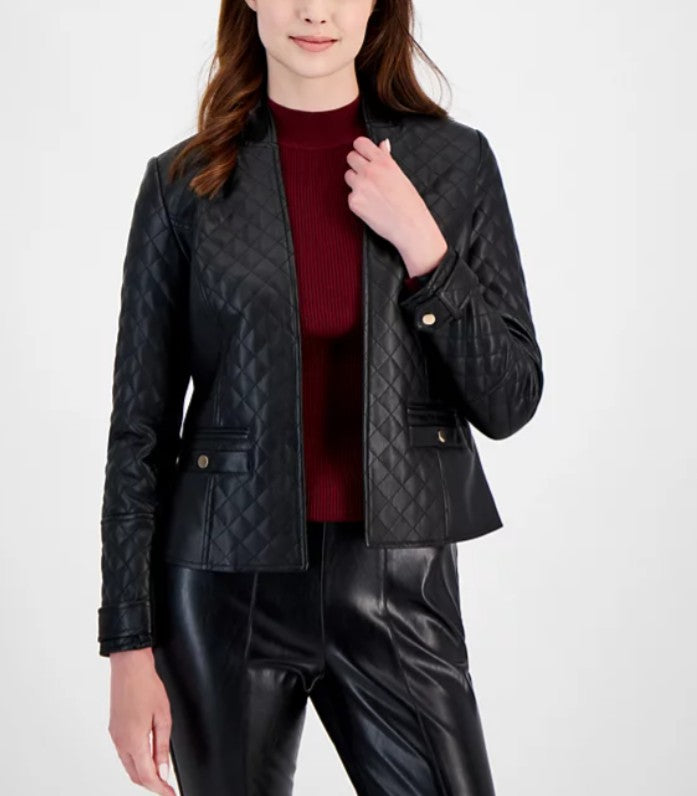 T Tahari Women’s Quilted Faux-Leather Long-Sleeve Jacket Black Size L