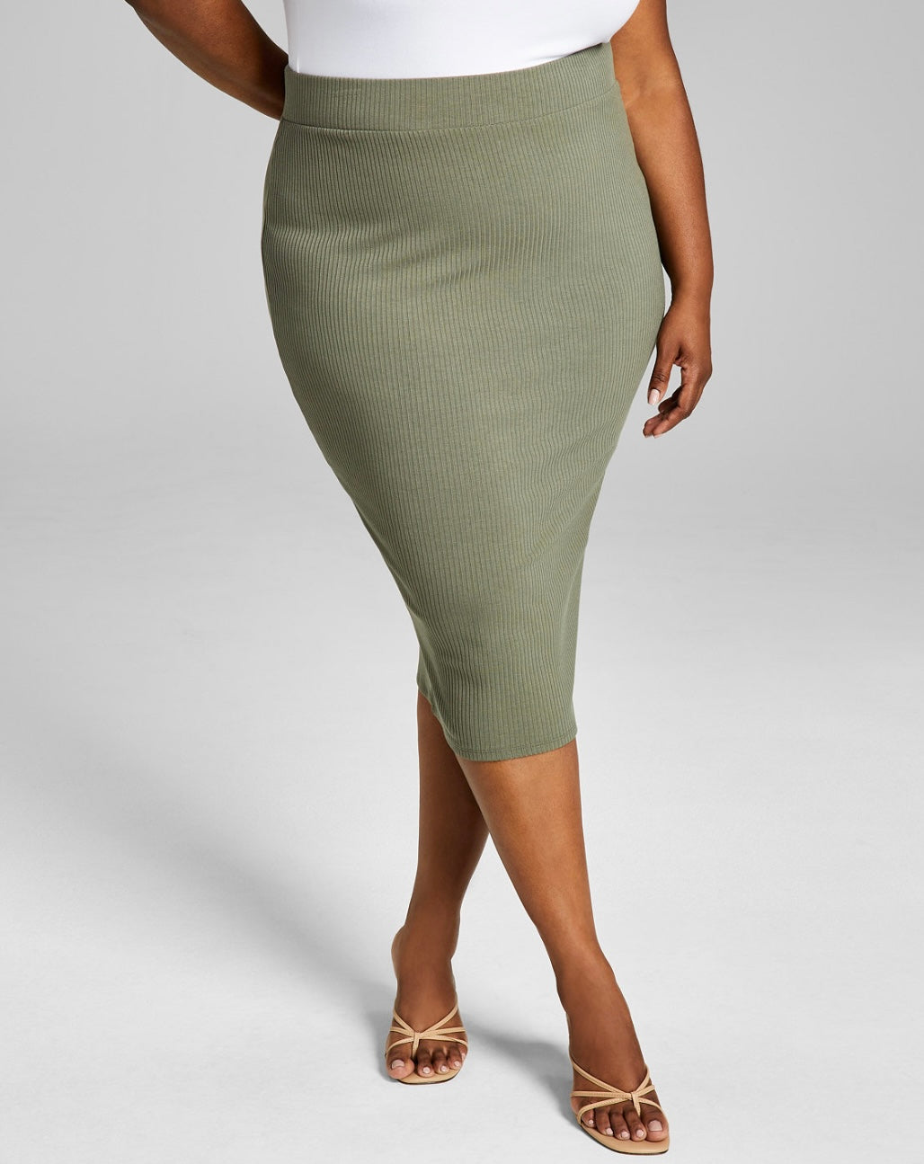 Bar III Women's Trendy Bodycon Ribbed Midi Skirt Dusty Olive Plus Size 2X