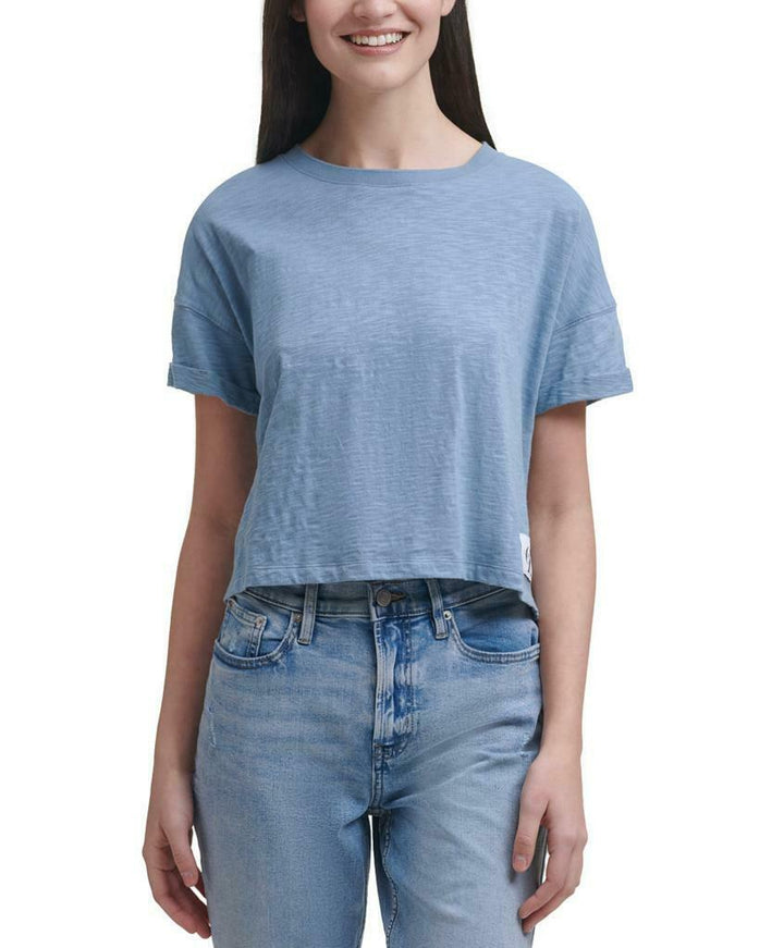 Calvin Klein Jeans Women's Cropped Boxy-Fit Cotton T-Shirt Blue Nile Top Size S