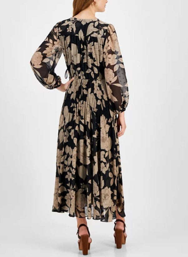 Taylor Women's Long Sleeve Floral Chiffon V-Neck Pleated Dress