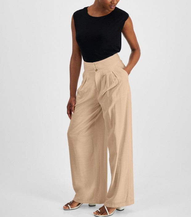Bar III Women's High Rise Pleat-Front Wide Leg Pants Warm Ginger Petite Size 0P