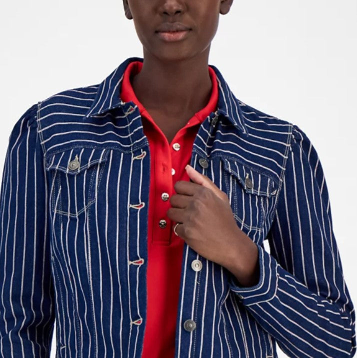 Nautica Jeans Women's Striped Denim Puff-Shoulder Jacket Indigo Size M