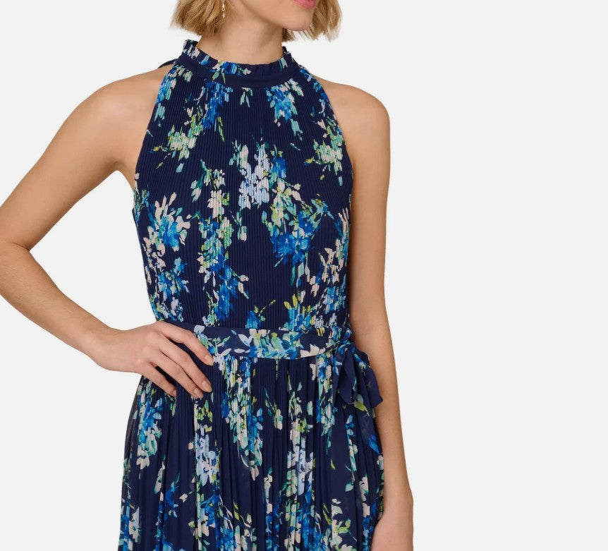 Adrianna Papell Women's Floral Pleated Chiffon Dress Navy Multi Size 12