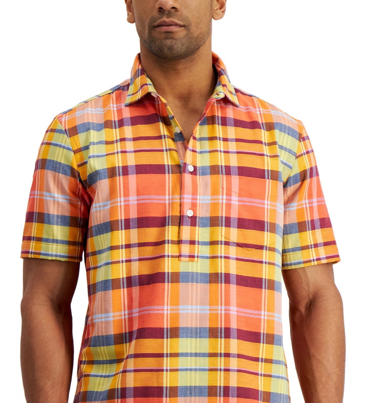 Club Room Men's Short Sleeve Popover Park Avenue Plaid Shirt Orange Poppy Size S