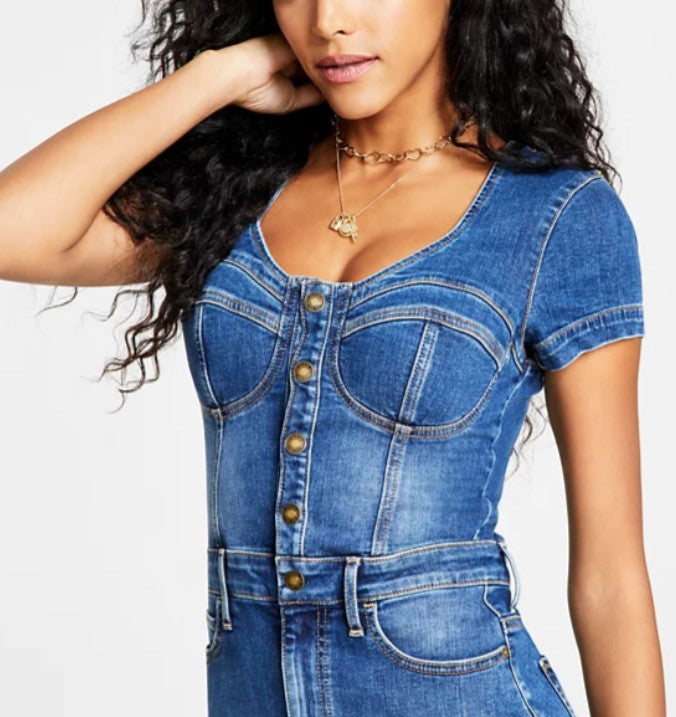 Guess Women's Naomy Button-Front Corset Denim Dress Blue Size L