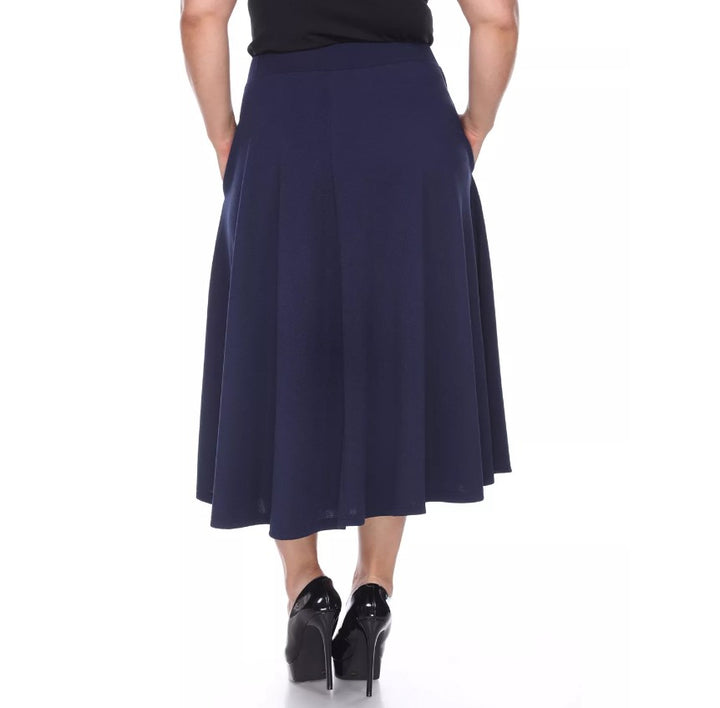 White Mark Women's Tasmin Flare Midi Skirt Navy Plus Size 1XL