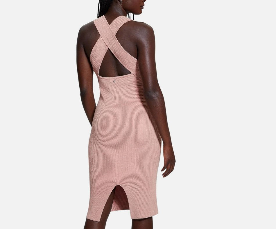 Guess Women's Carista Ribbed Midi Dress Satin Rose Size XL