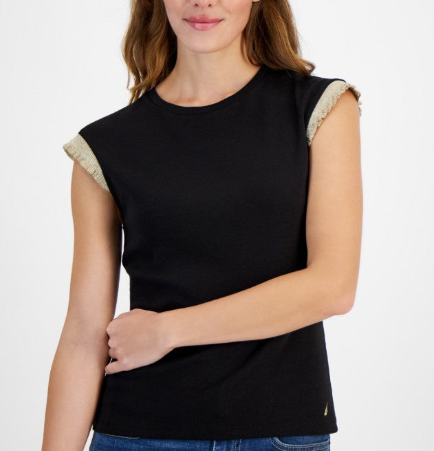 Nautica Jeans Women's Metallic-Ruffle Sleeveless Top Black Size M