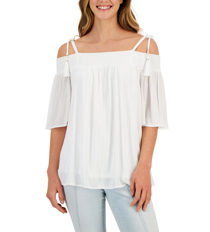 JM Collection Women's Tie-Shoulder Tassel Top Bright White Petite Size PP