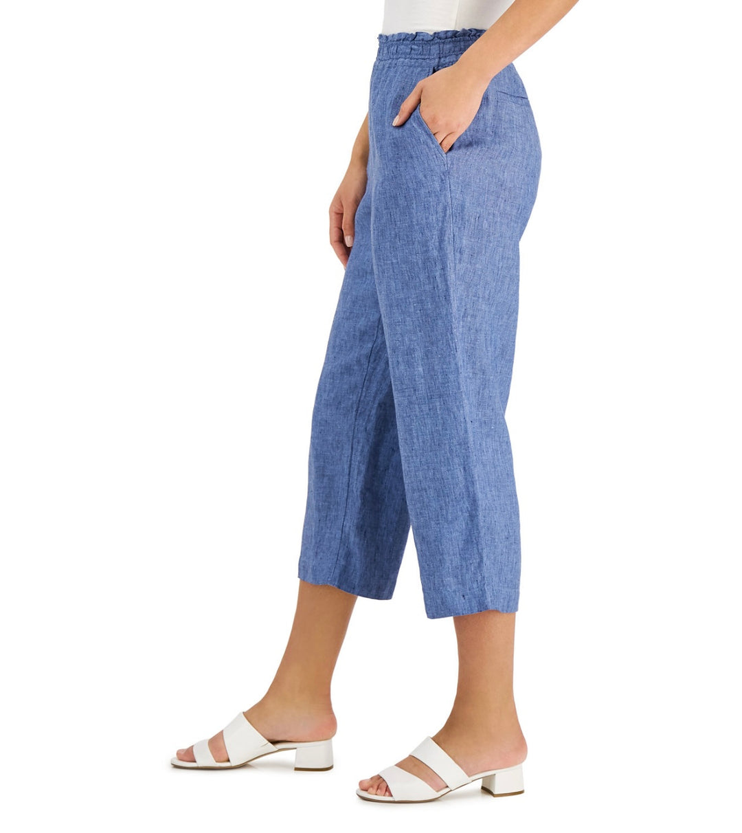 Charter Club Women's Linen Cropped Pull-On Pants Blue Ocean Size M