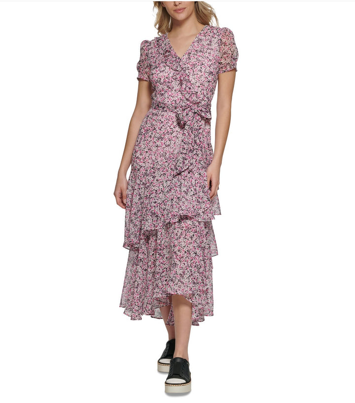 Karl Lagerfeld Paris Women's Printed Ruffled Maxi Dress Fuschia Purple