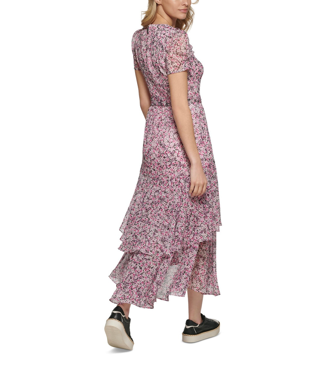 Karl Lagerfeld Paris Women's Printed Ruffled Maxi Dress Fuschia Purple