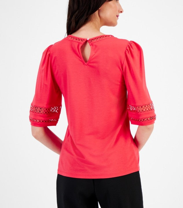 Anne Klein Women's Harmony Open-Trim Elbow-Sleeve Top Red Pear Petite Size PM