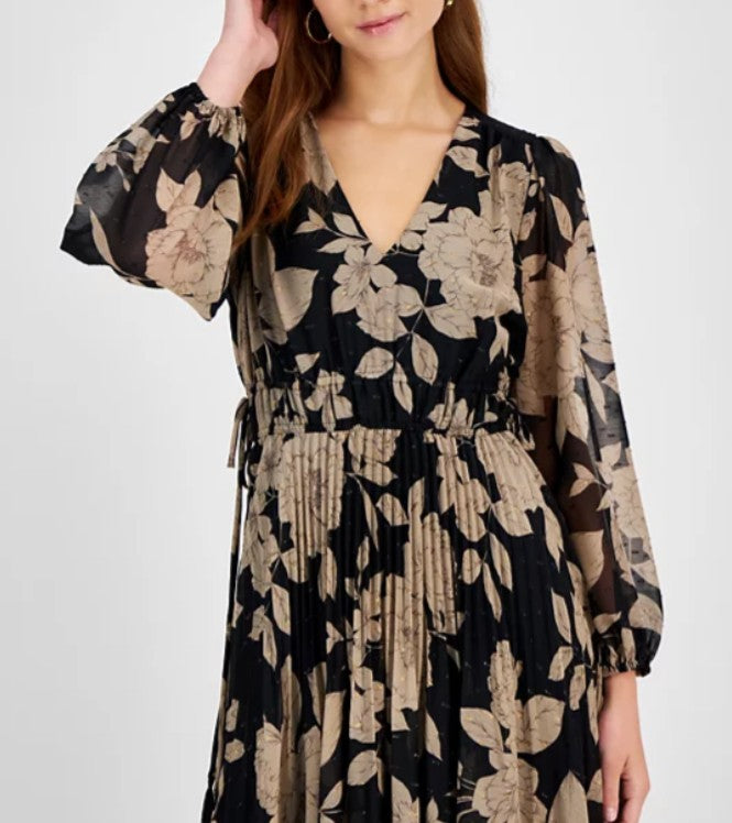 Taylor Women's Long Sleeve Floral Chiffon V-Neck Pleated Dress