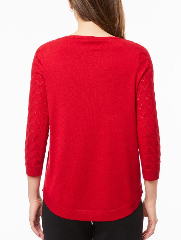 Melissa Paige Women's Wave-Knit Scoop Neck 3/4-Sleeve Sweater Red Size XS
