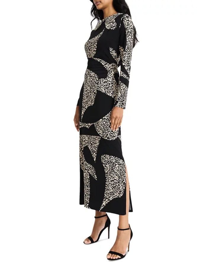 Donna Morgan Women's Printed Long Sleeve Maxi Dress Black Cream Size 6