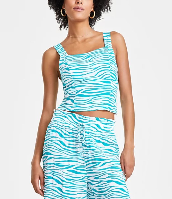 Bar III Women's Zebra-Print Square-Neck Cropped Top Sam Zebra Size M