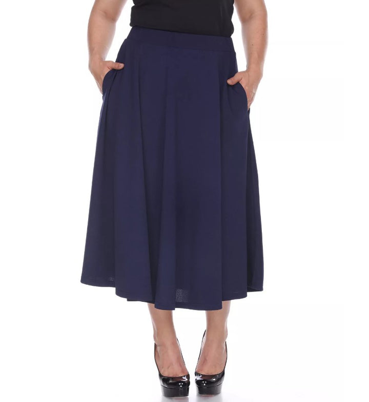 White Mark Women's Tasmin Flare Midi Skirt Navy Plus Size 1XL