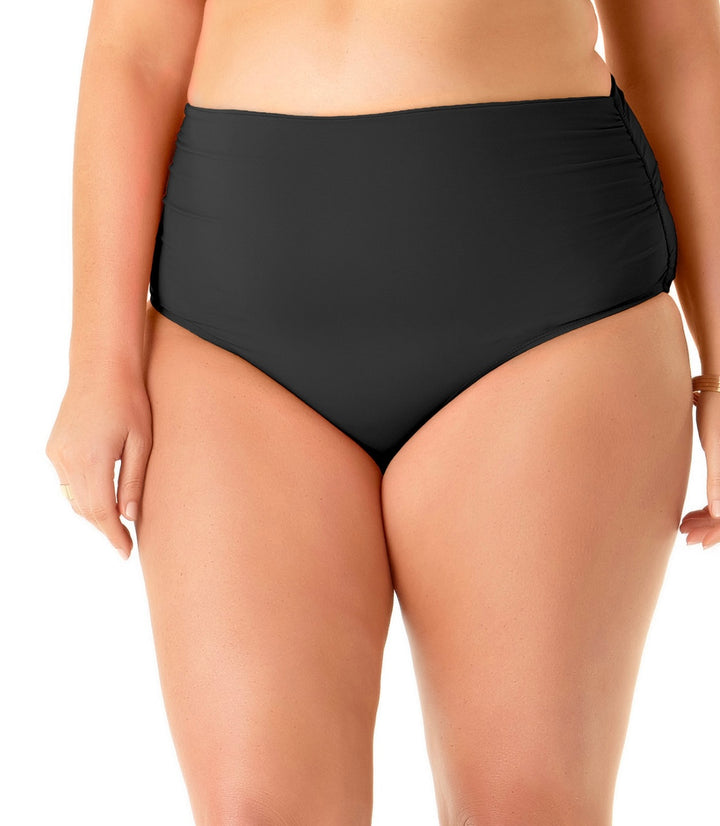 Anne Cole Women's Convertible High Waist Shirred Swim Bottom Black Plus Size 16W