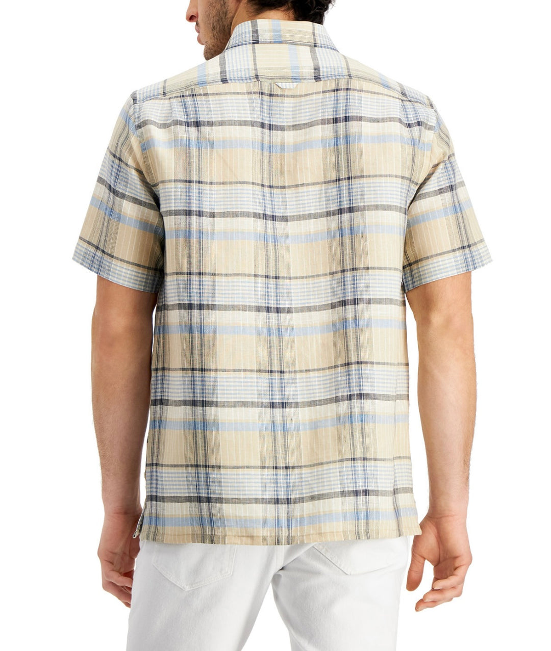 Club Room Men's Regular-Fit Plaid Linen Shirt Khaki Combo Size M