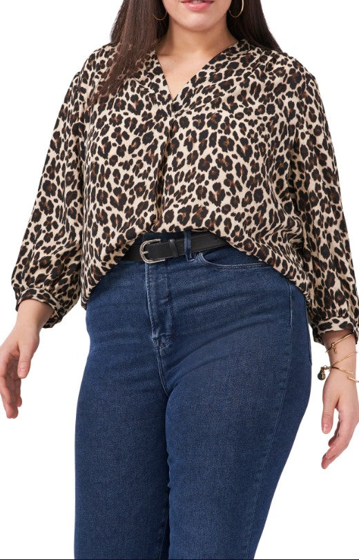 Vince Camuto Women's Elegant V-Neck Leopard Print Blouse Rich Black Plus Size 1X
