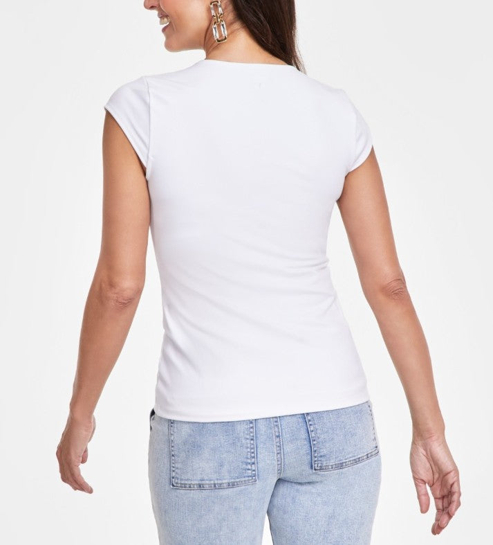 INC International Concepts Women's Cap Sleeves Chain-Trim V-Neck Top
