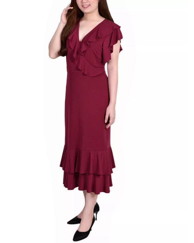 NY Collection Women's Flutter Sleeve Ruffle Midi Dress Petite Size PM