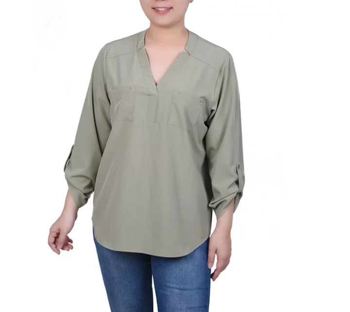 NY Collection Roll Tab Sleeve Blouse with Pockets Tea Petite Size PM